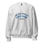 Unisex black sweatshirt featuring US Coast Guard Academy logo printed across the front chest