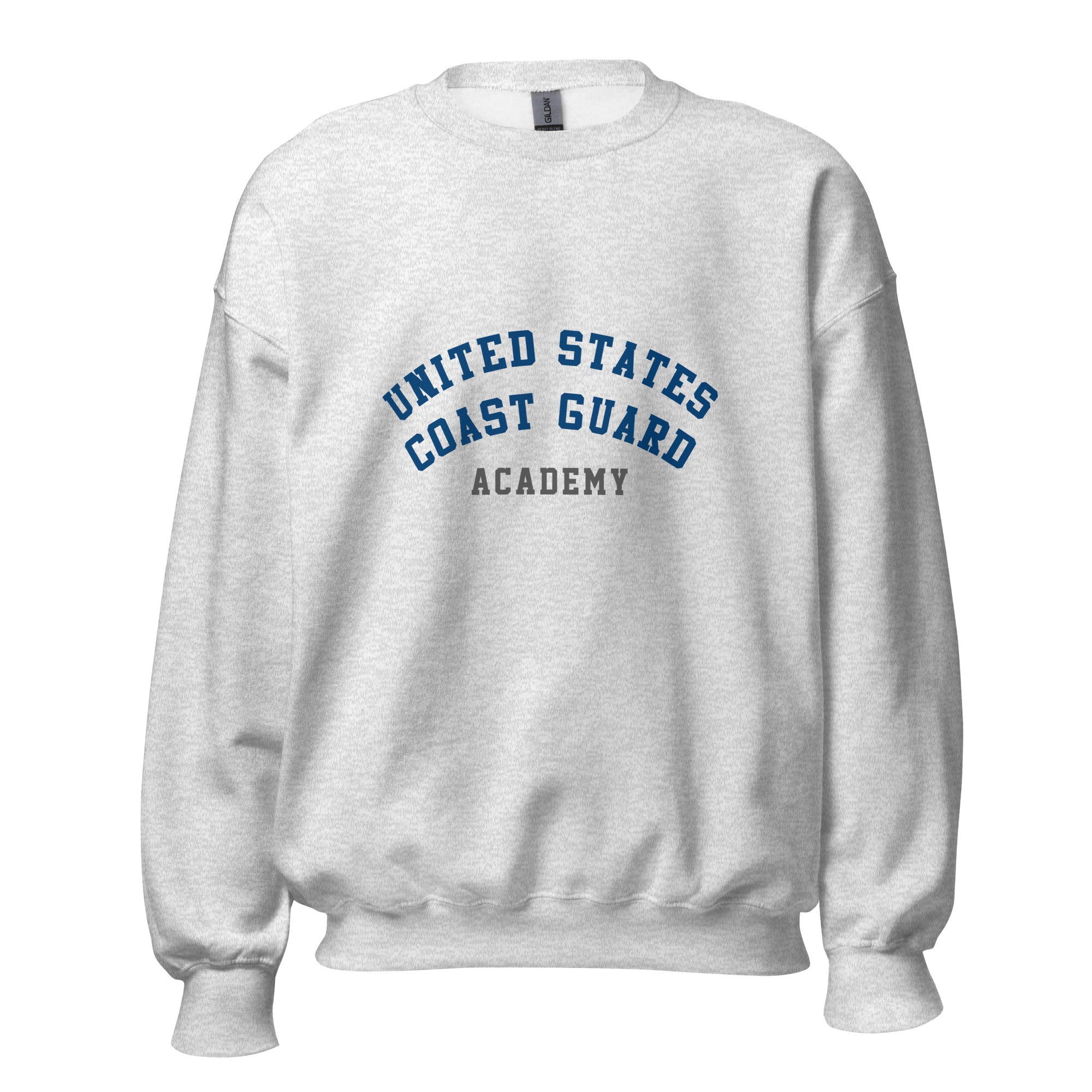 Unisex black sweatshirt featuring US Coast Guard Academy logo printed across the front chest