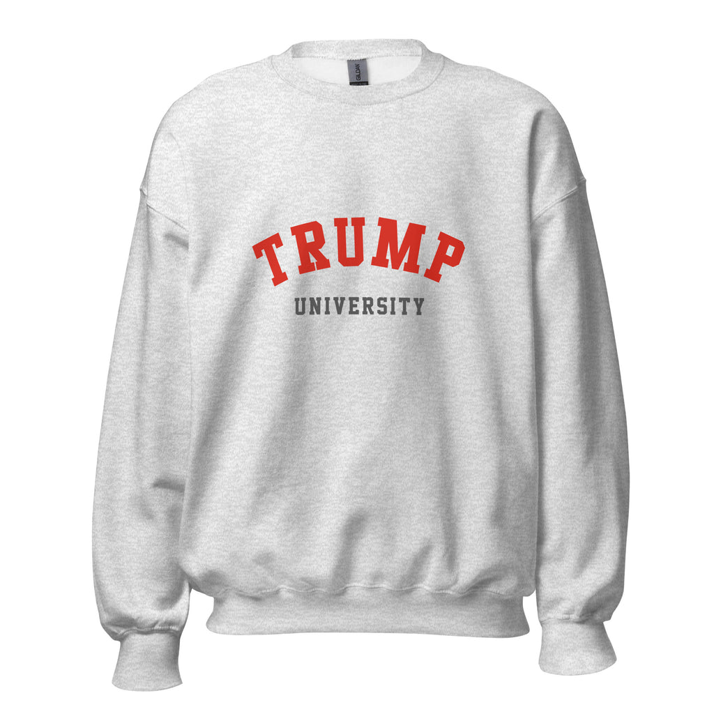 Unisex black sweatshirt featuring Trump University logo printed across the front chest