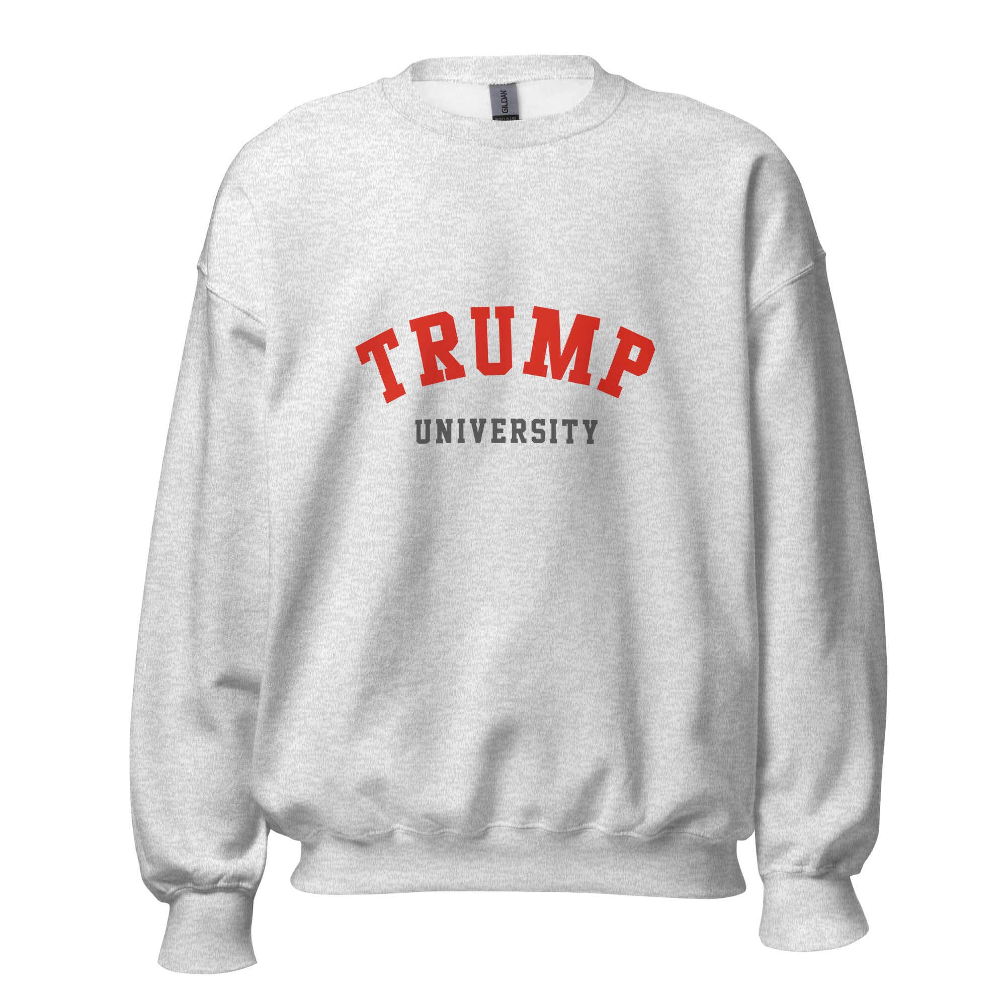Unisex black sweatshirt featuring Trump University logo printed across the front chest