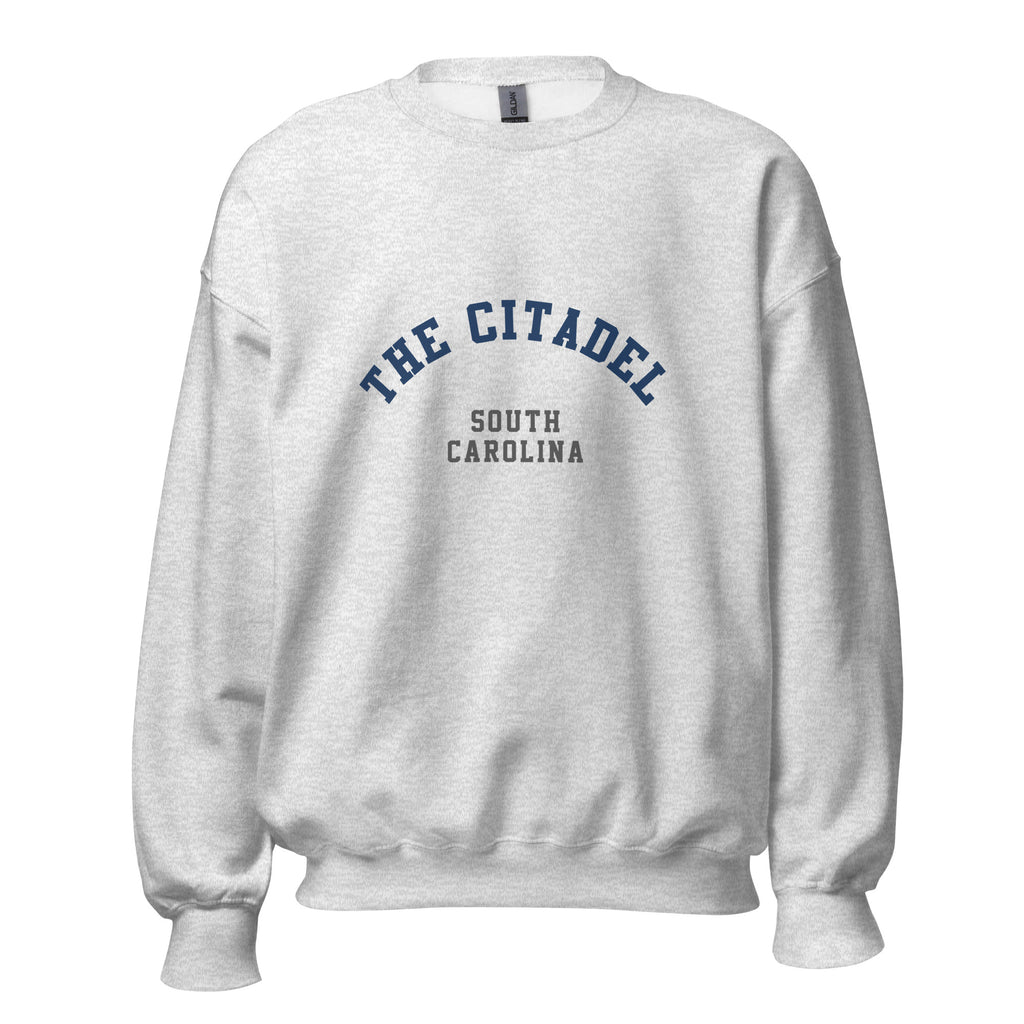 Unisex black sweatshirt featuring The Citadel logo printed across the front chest