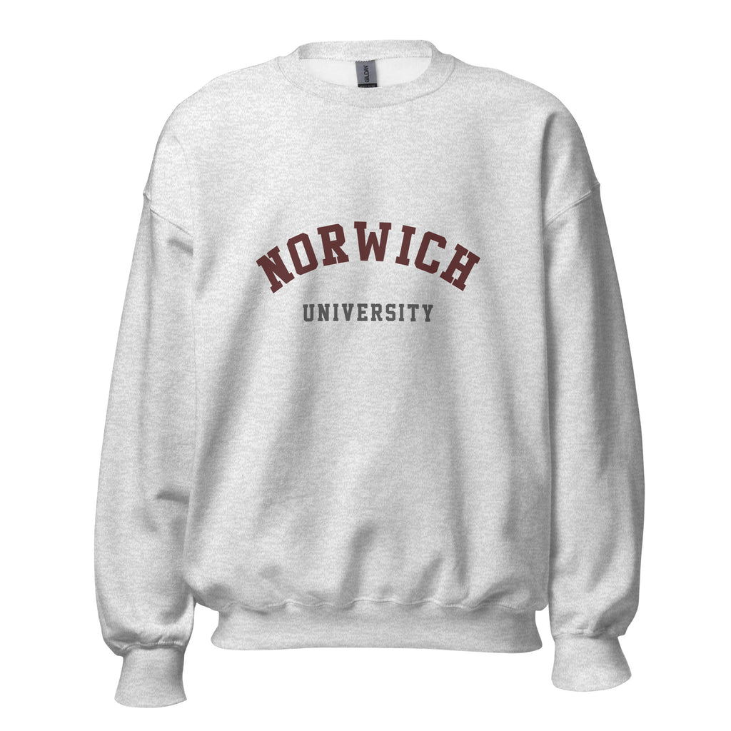 Unisex black sweatshirt featuring Norwich University logo printed across the front chest