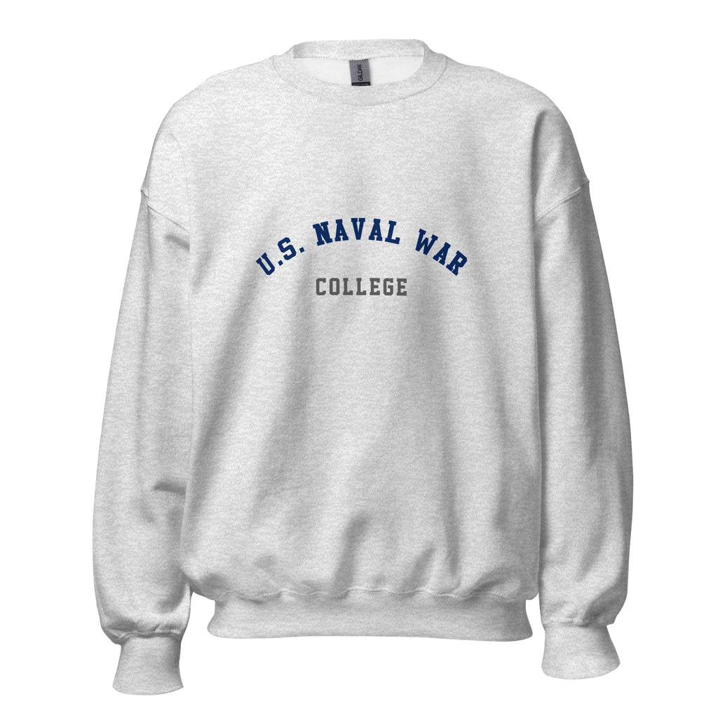 Unisex black sweatshirt featuring US Naval War College logo printed across the front chest