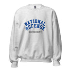Unisex black sweatshirt featuring National Defense University logo printed across the front chest