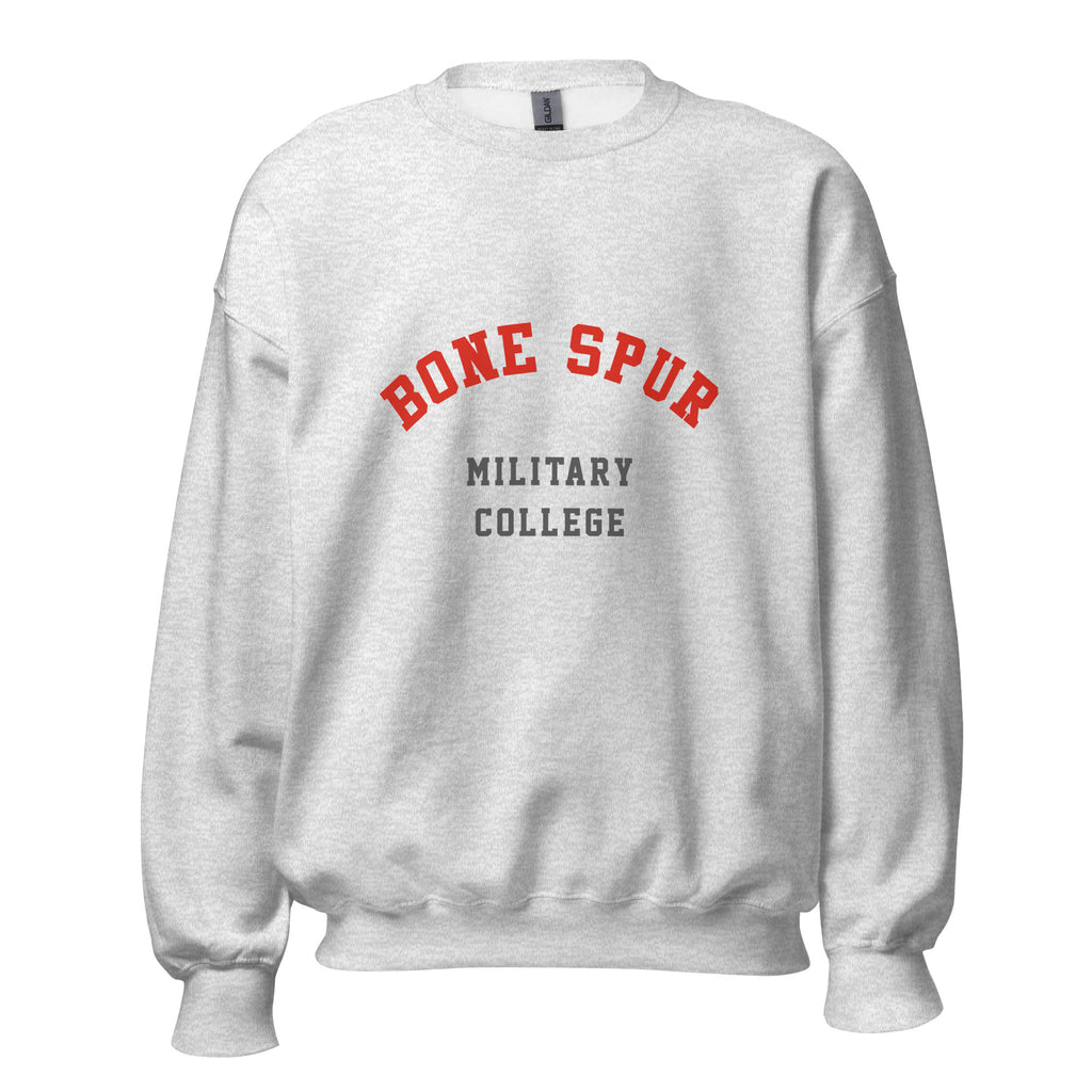 Unisex black sweatshirt featuring Bone Spur Military College logo printed across the front chest