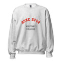 Unisex black sweatshirt featuring Bone Spur Military College logo printed across the front chest