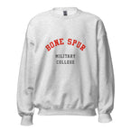 Unisex black sweatshirt featuring Bone Spur Military College logo printed across the front chest