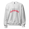 Unisex black sweatshirt featuring University of Experience logo printed across the front chest