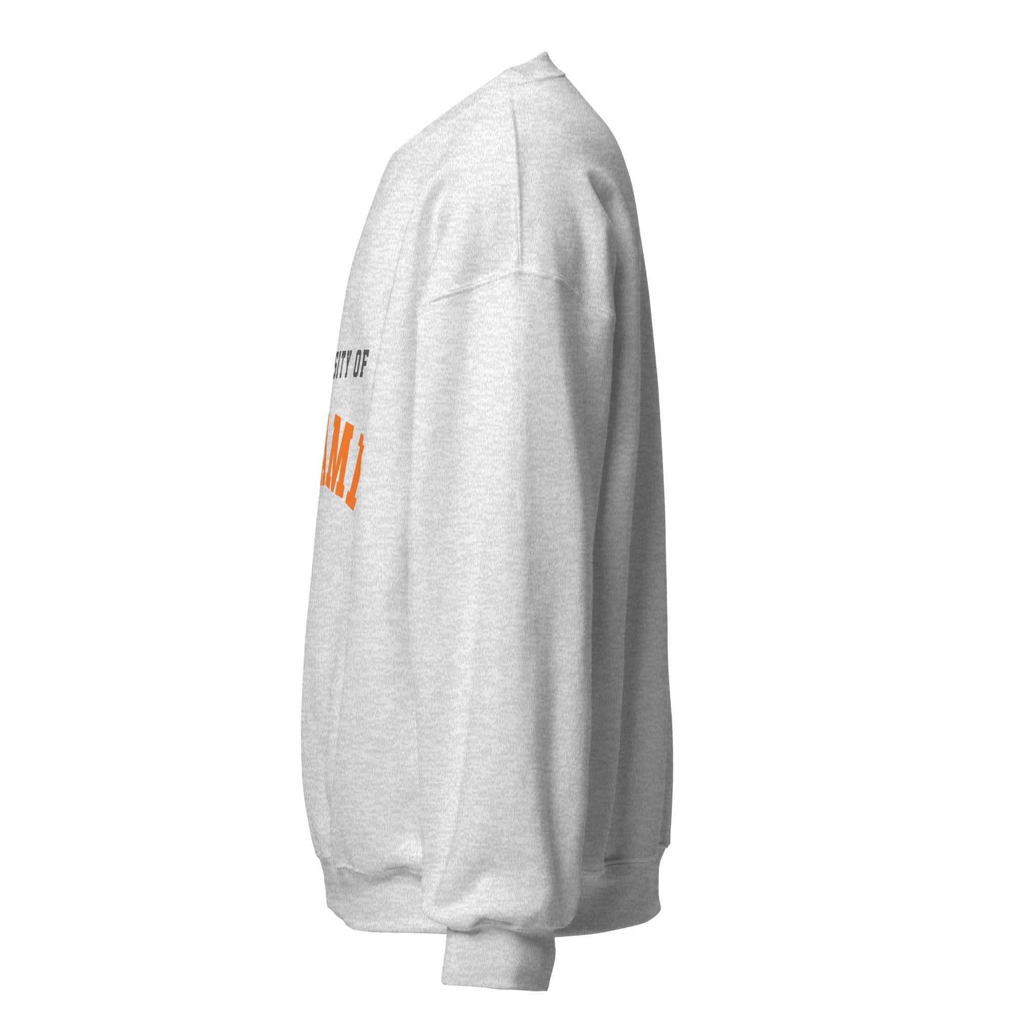 Unisex sweatshirt featuring University of Miami name and branding in orange, green, and white
