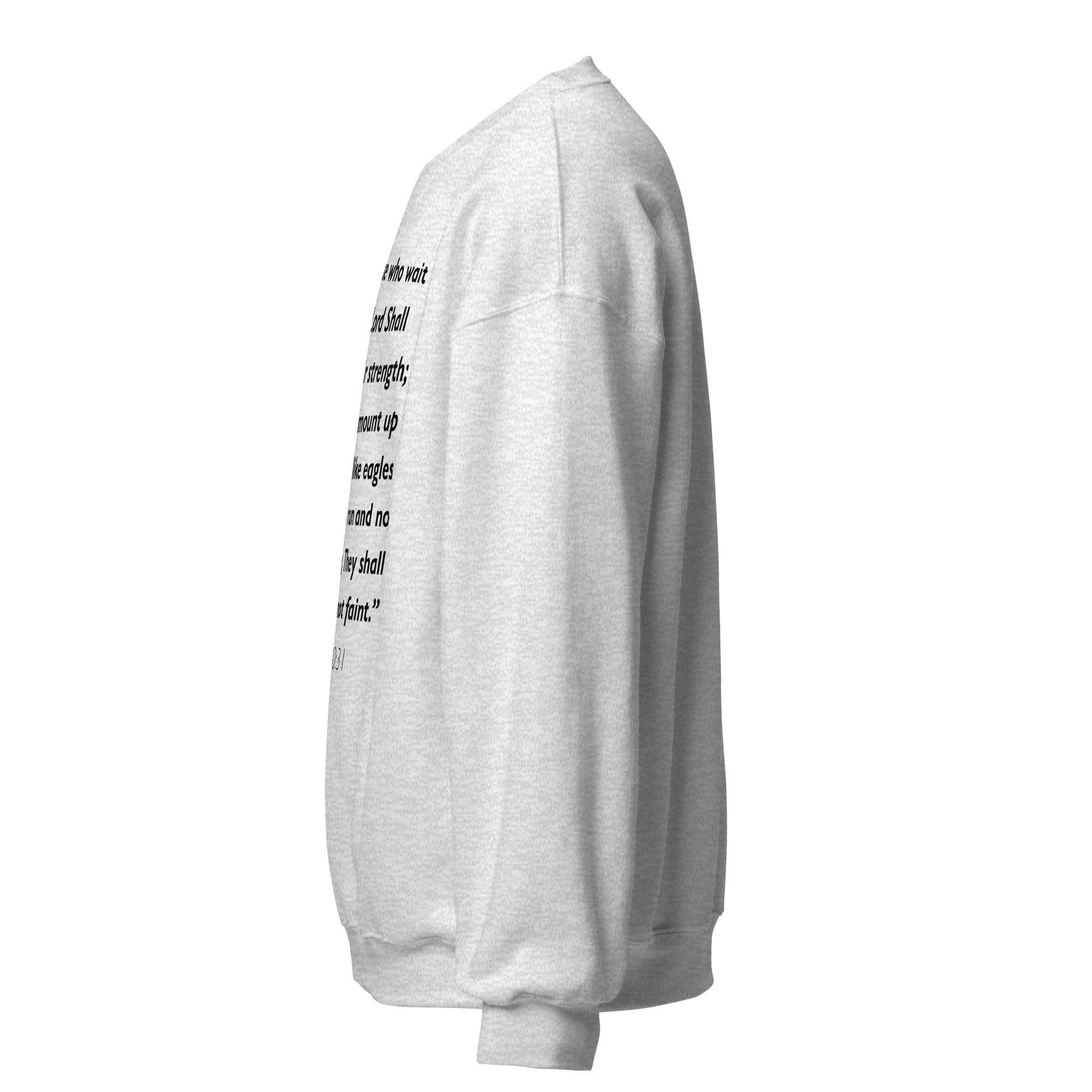 Unisex forest green sweatshirt with Isaiah 40:31 Bible verse printed in black text on front