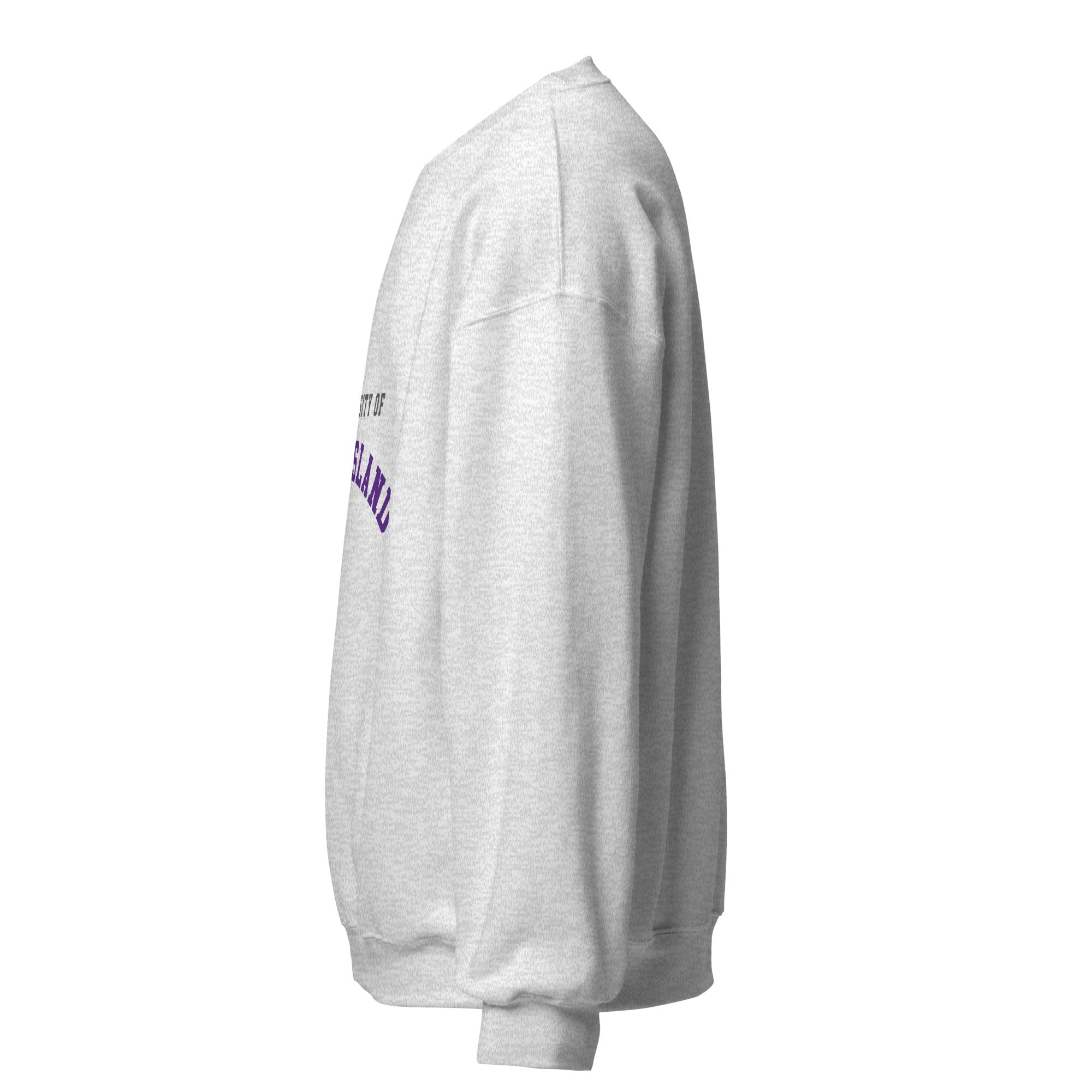 Unisex white sweatshirt featuring University of Queensland logo printed across the front chest