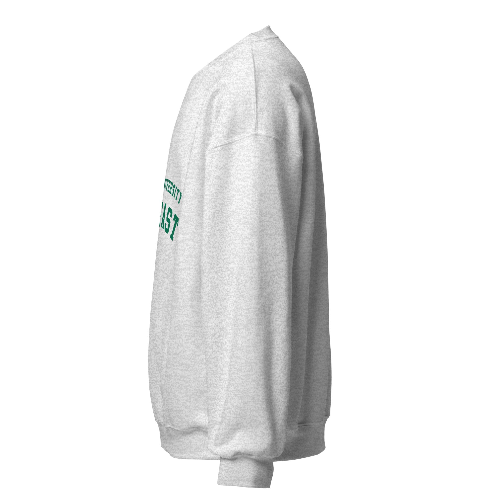 Unisex white sweatshirt featuring Queen's University Belfast logo printed across the front chest