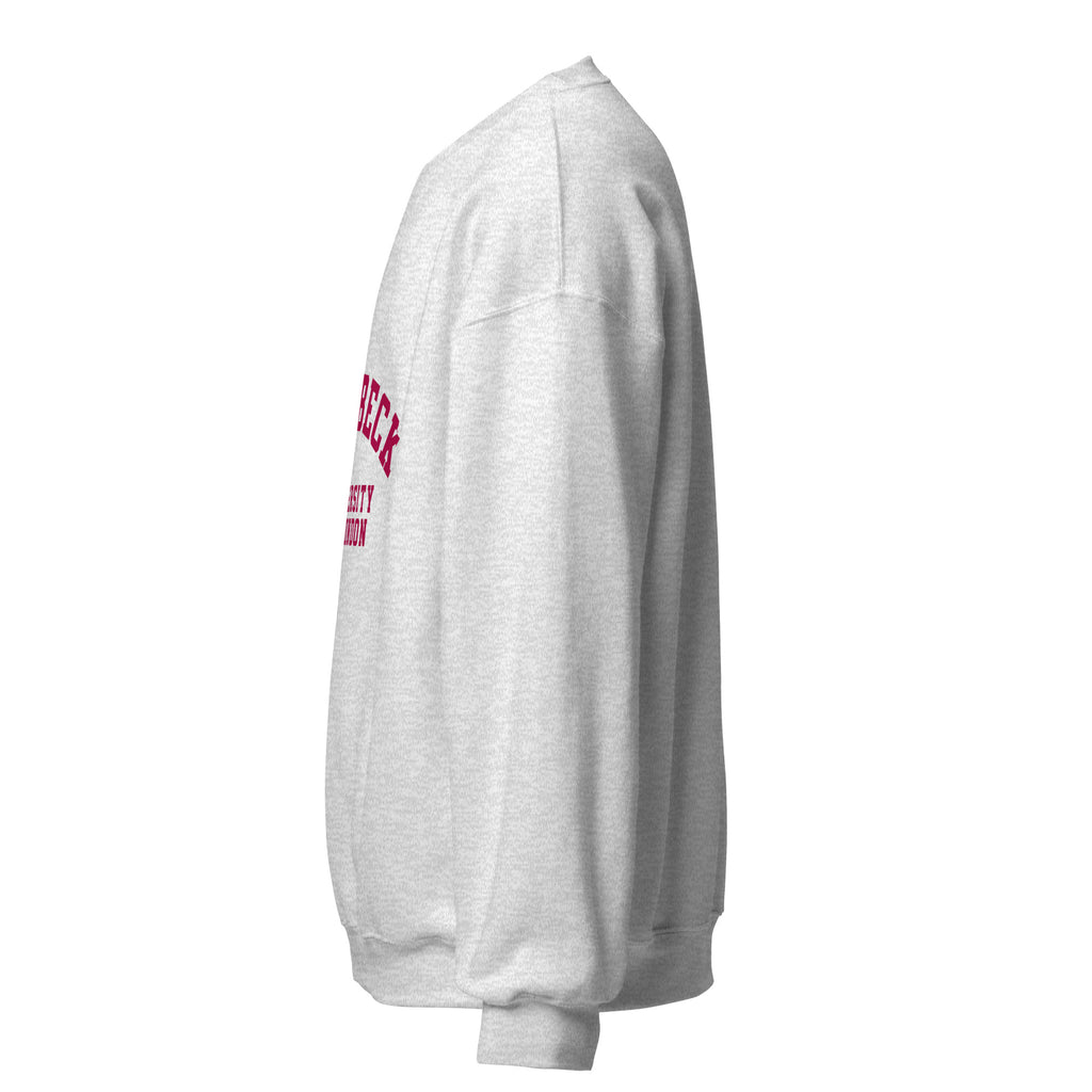 Unisex white sweatshirt featuring Birkbeck, University of London logo printed across the front chest
