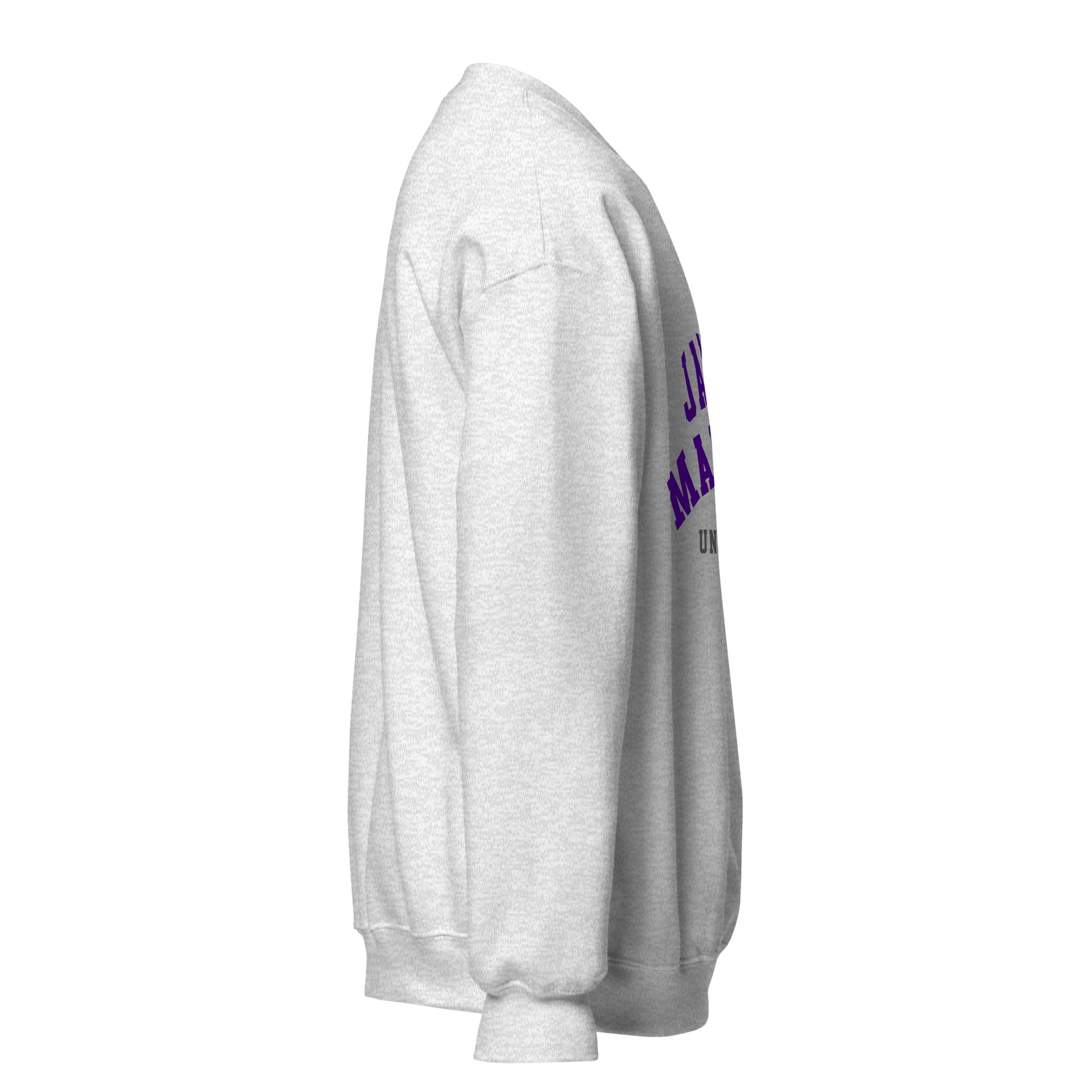 Unisex navy blue sweatshirt featuring James Madison University logo printed across the front chest