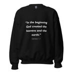 Unisex black sweatshirt with Genesis 1:1 Bible verse printed in white text on front