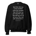 Unisex black sweatshirt with Isaiah 40:31 Bible verse printed in white text on front