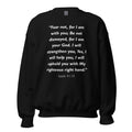 Unisex black sweatshirt with Isaiah 41:10 Bible verse printed in white text on front