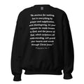 Unisex heather gray sweatshirt with Philippians 4:6-7 Bible verse printed in white text on front