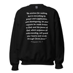 Unisex heather gray sweatshirt with Philippians 4:6-7 Bible verse printed in white text on front