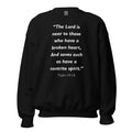 Unisex heather gray sweatshirt with Psalm 34:18 Bible verse printed in white text on front