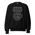 Unisex black sweatshirt with Revelation 21:4 Bible verse printed in white text on front