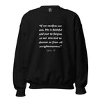 Unisex heather gray sweatshirt with 1 John 1:9 Bible verse printed in white text on front