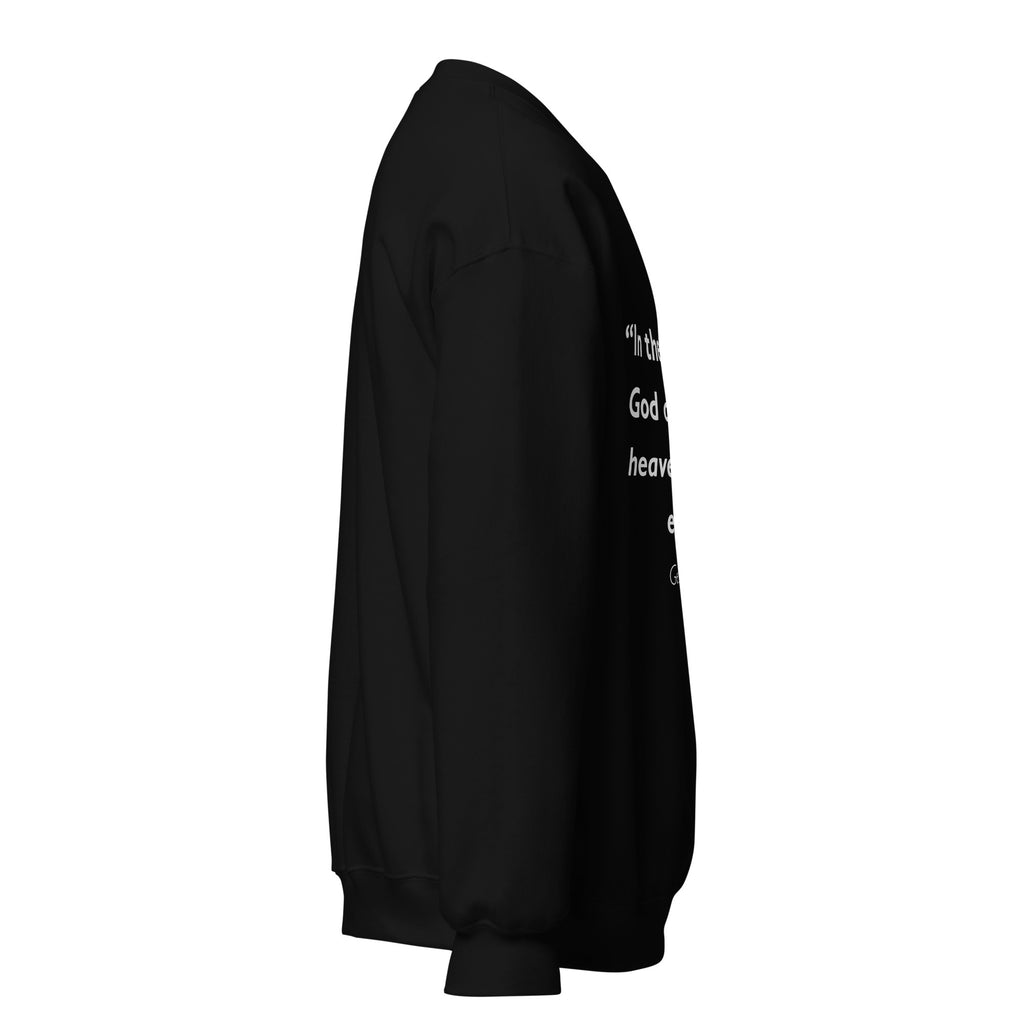 Unisex white sweatshirt with Genesis 1:1 Bible verse printed in white text on front