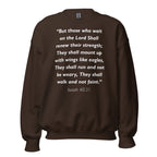 Unisex navy blue sweatshirt with Isaiah 40:31 Bible verse printed in white text on front