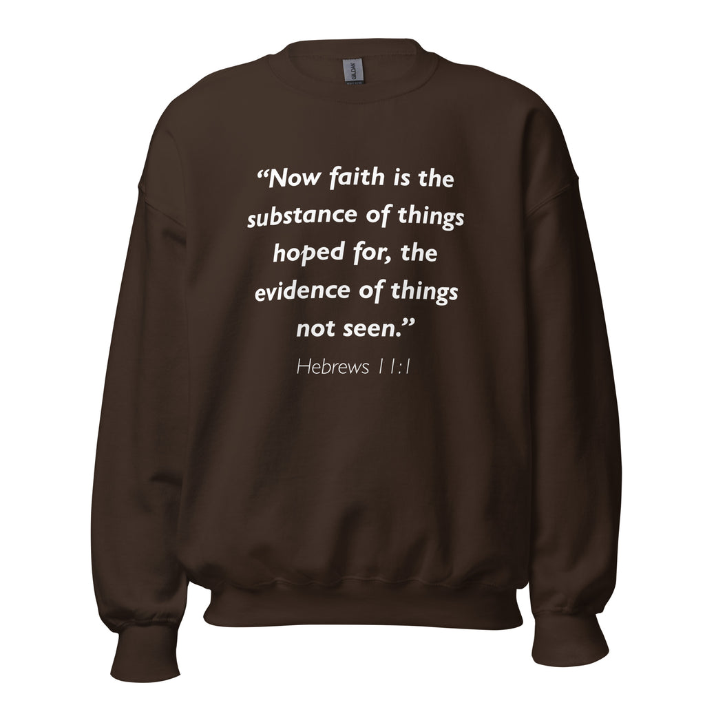 Unisex navy blue sweatshirt with Hebrews 11:1 Bible verse printed in white text on front