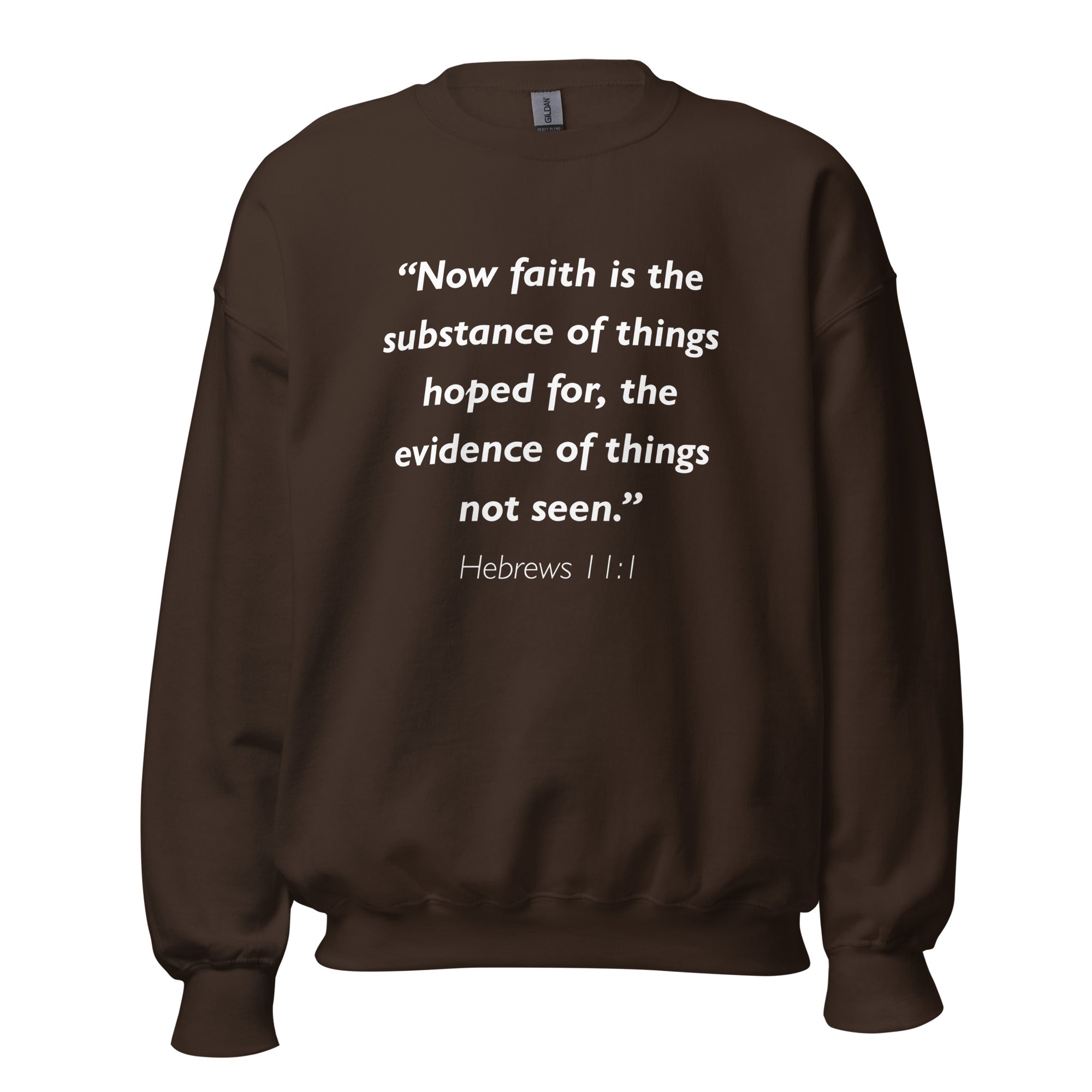 Unisex navy blue sweatshirt with Hebrews 11:1 Bible verse printed in white text on front