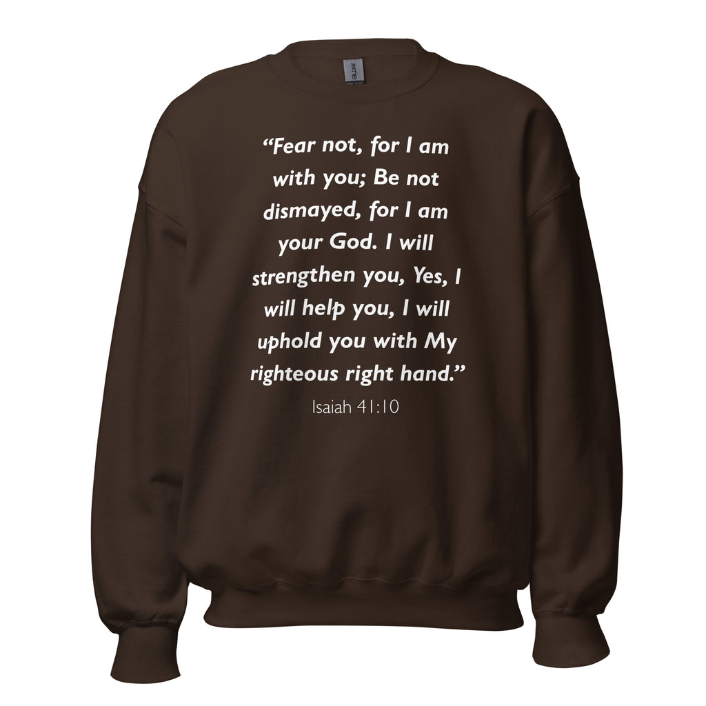 Unisex navy blue sweatshirt with Isaiah 41:10 Bible verse printed in white text on front