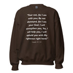 Unisex navy blue sweatshirt with Isaiah 41:10 Bible verse printed in white text on front