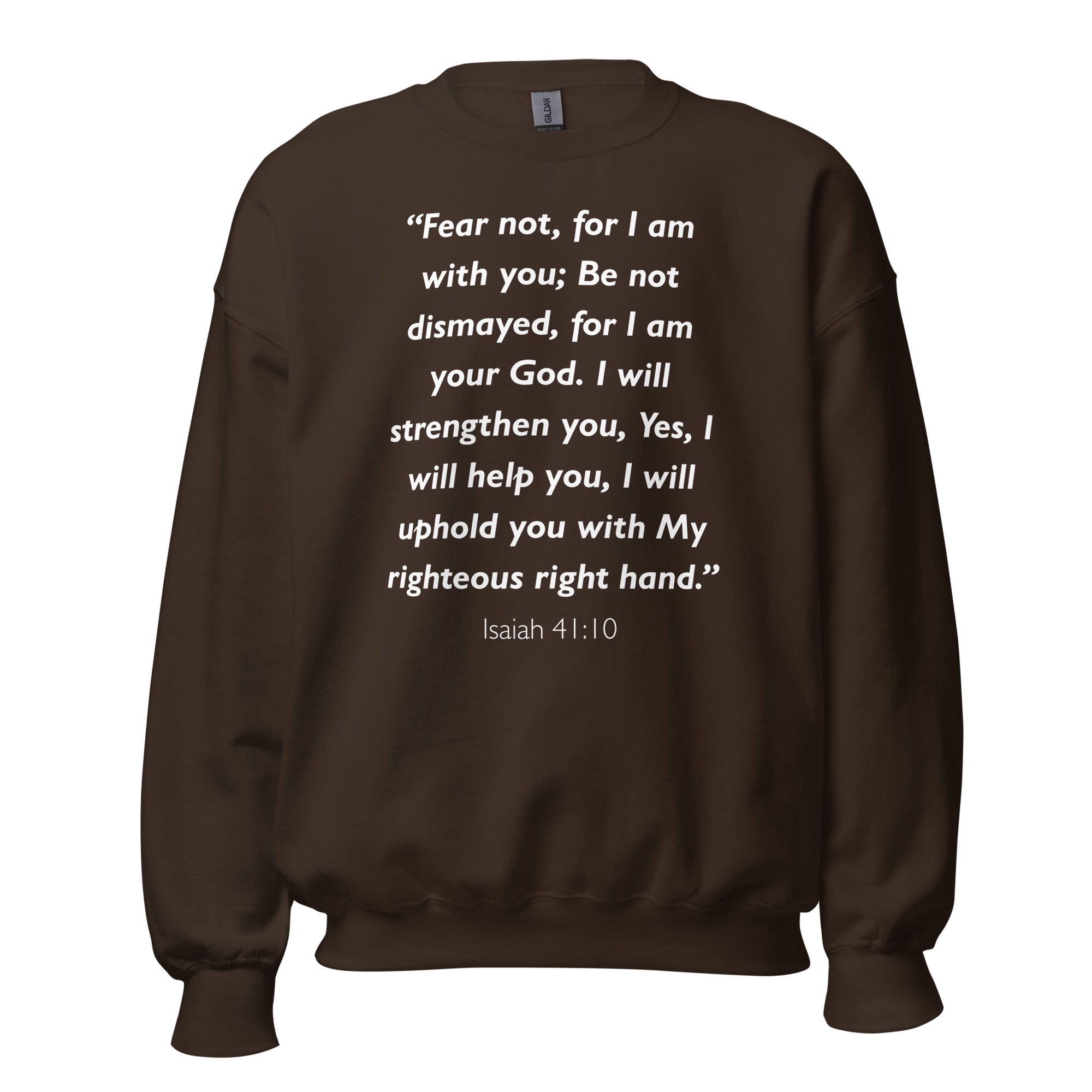 Unisex navy blue sweatshirt with Isaiah 41:10 Bible verse printed in white text on front