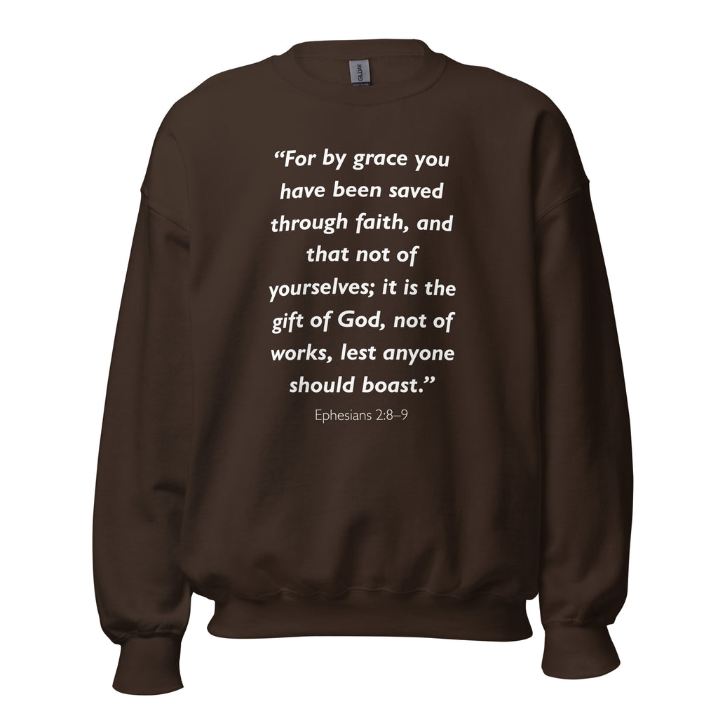 Unisex navy blue sweatshirt with Ephesians 2:8-9 Bible verse printed in white text on front