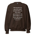 Unisex navy blue sweatshirt with Ephesians 2:8-9 Bible verse printed in white text on front