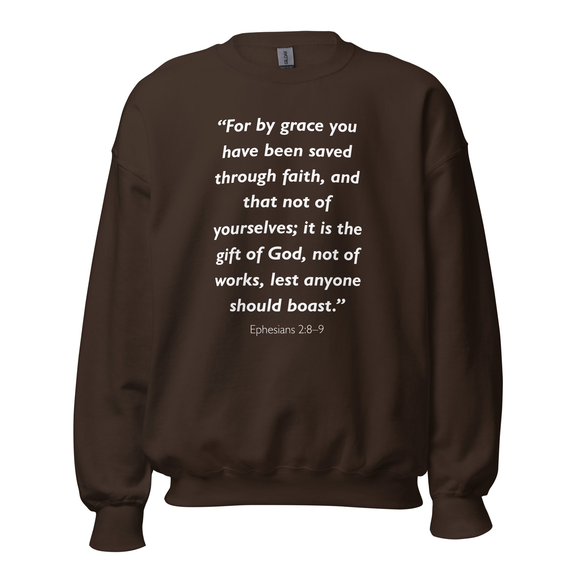 Unisex navy blue sweatshirt with Ephesians 2:8-9 Bible verse printed in white text on front