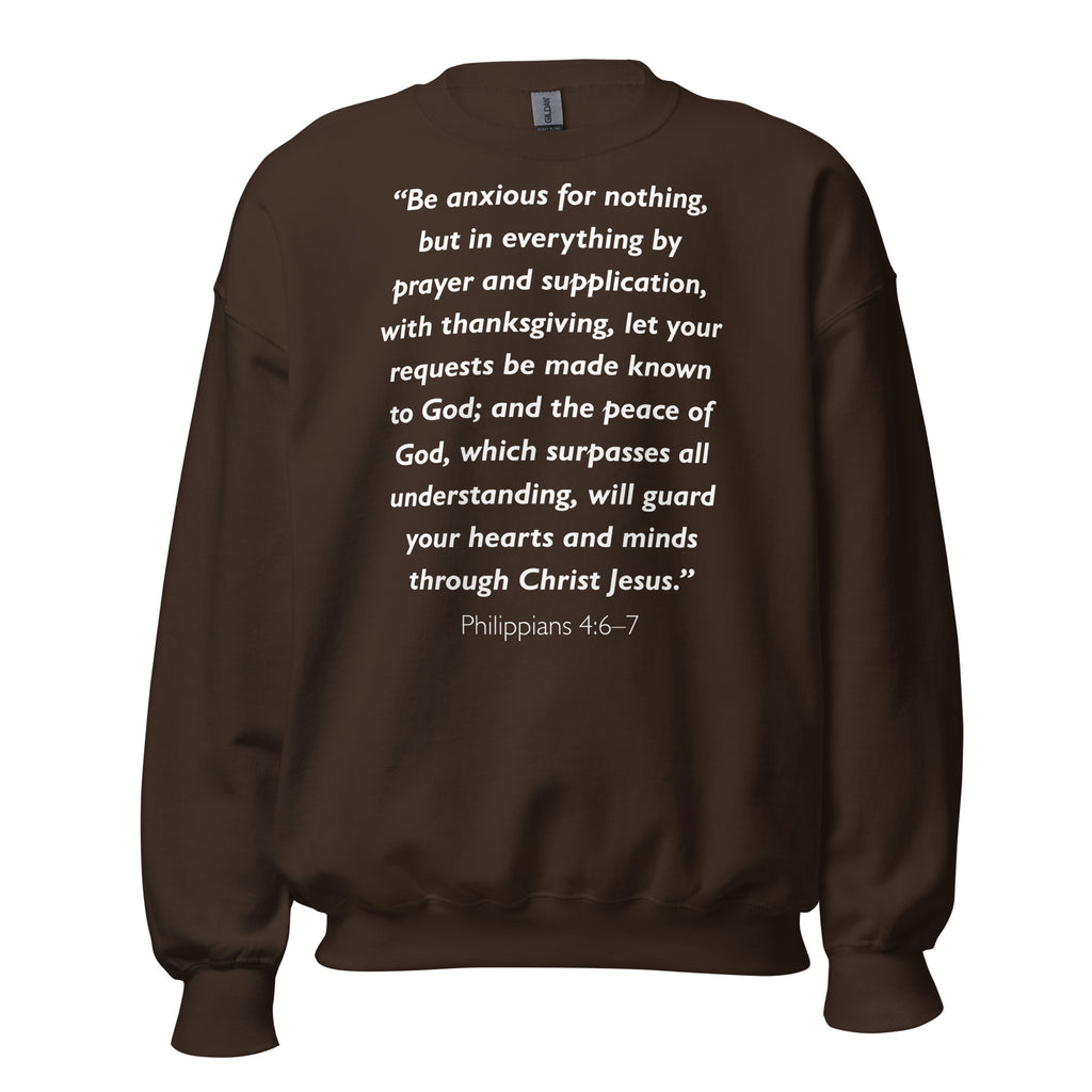 Unisex navy blue sweatshirt with Philippians 4:6-7 Bible verse printed in white text on front