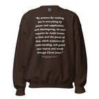Unisex navy blue sweatshirt with Philippians 4:6-7 Bible verse printed in white text on front