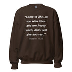 Unisex navy blue sweatshirt with Matthew 11:28 Bible verse printed in white text on front