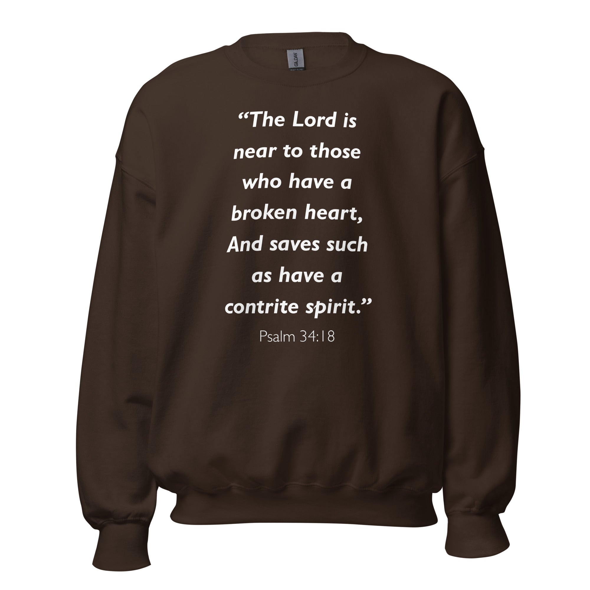 Unisex navy blue sweatshirt with Psalm 34:18 Bible verse printed in white text on front
