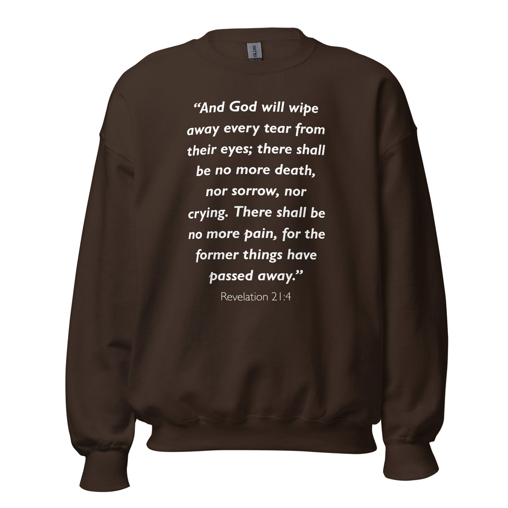 Unisex navy blue sweatshirt with Revelation 21:4 Bible verse printed in white text on front