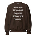 Unisex navy blue sweatshirt with Revelation 21:4 Bible verse printed in white text on front