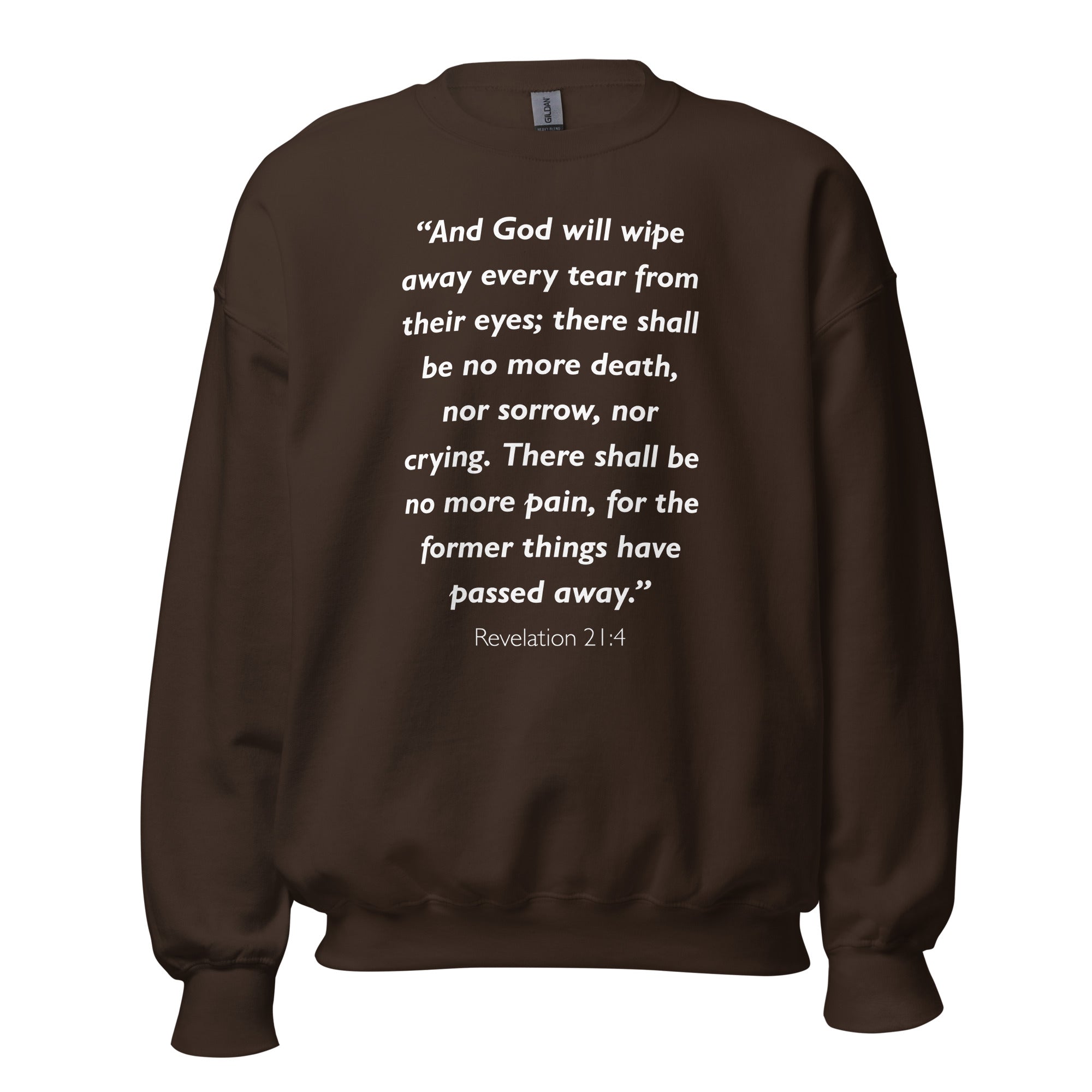 Unisex navy blue sweatshirt with Revelation 21:4 Bible verse printed in white text on front