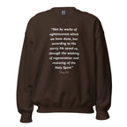 Unisex navy blue sweatshirt with Titus 3:5 Bible verse printed in white text on front