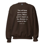 Unisex heather gray sweatshirt with Isaiah 26:3 Bible verse printed in white text on front