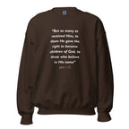 Unisex navy blue sweatshirt with John 1:12 Bible verse printed in white text on front