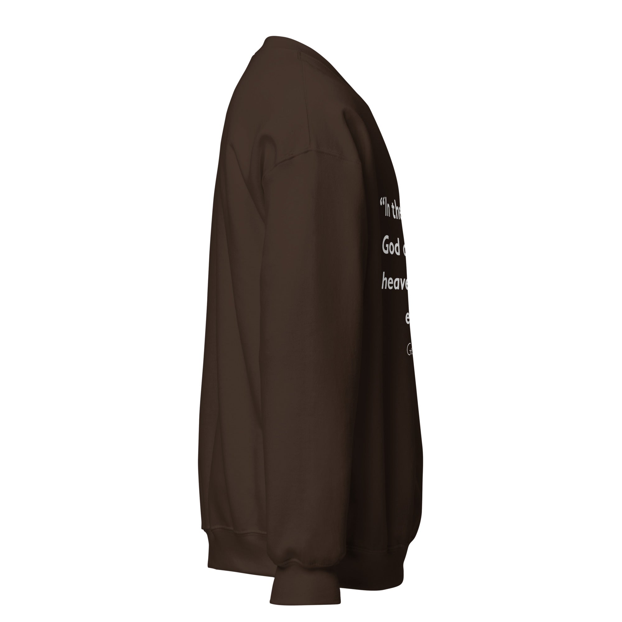 Unisex maroon sweatshirt with Genesis 1:1 Bible verse printed in white text on front