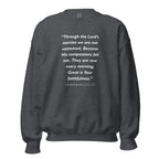 Unisex heather gray sweatshirt with Lamentations 3:22-23 Bible verse printed in white text on front