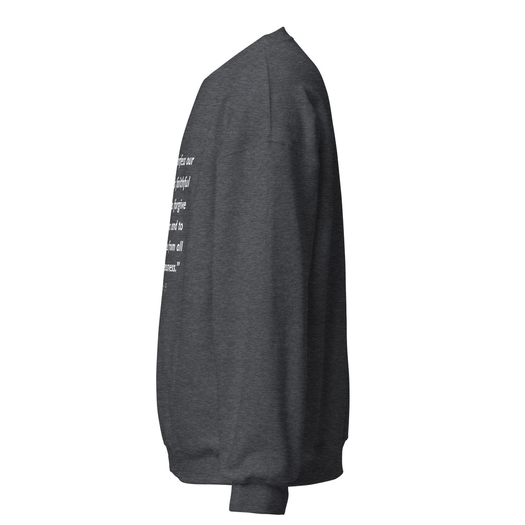 Unisex forest green sweatshirt with 1 John 1:9 Bible verse printed in white text on front