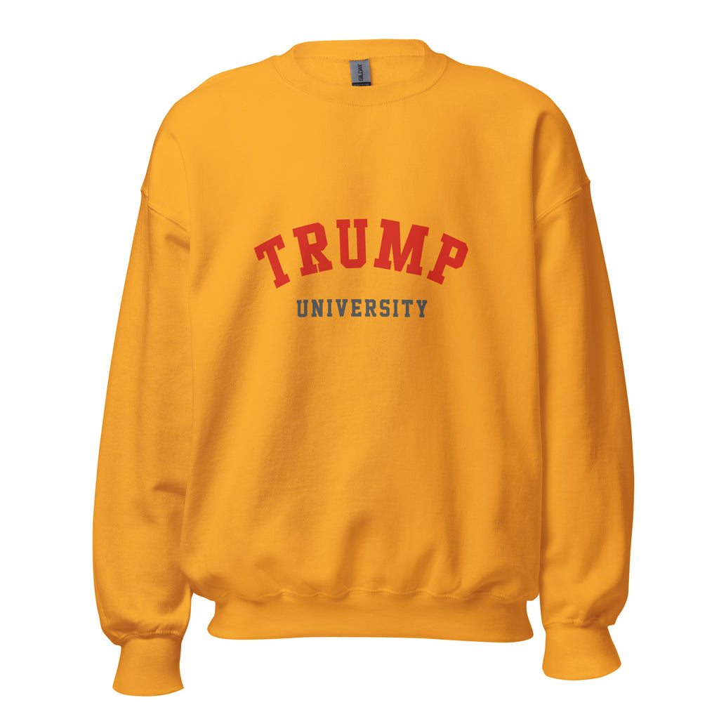 Unisex heather gray sweatshirt featuring Trump University logo printed across the front chest